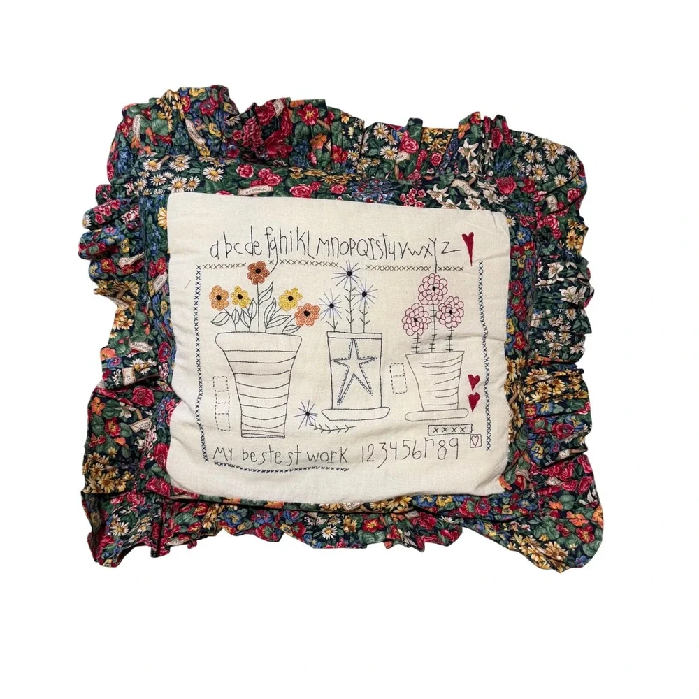 Vintage Hand Embroidered Alphabet Sampler Floral Chintz Ruffle Pillow 20x20